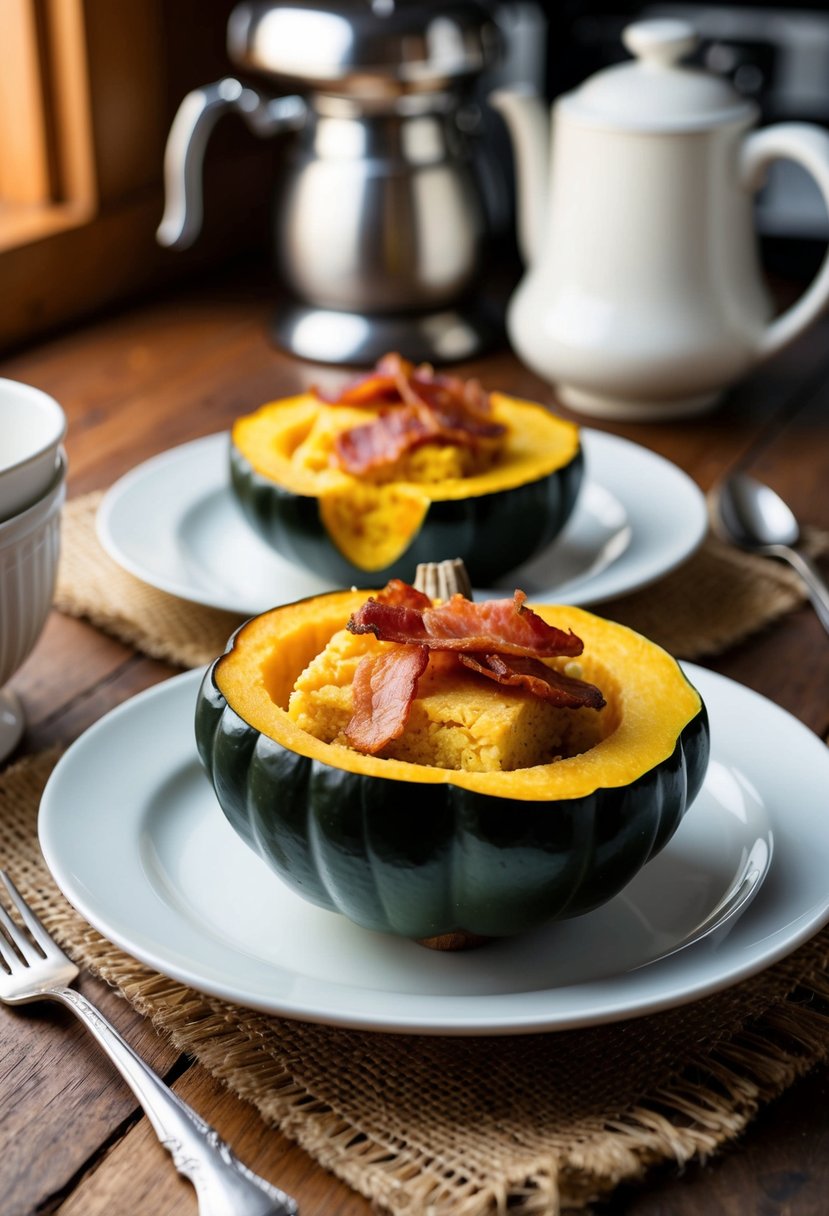 A rustic kitchen table set with a halved acorn squash filled with a savory mixture of sweet cornbread and crispy bacon