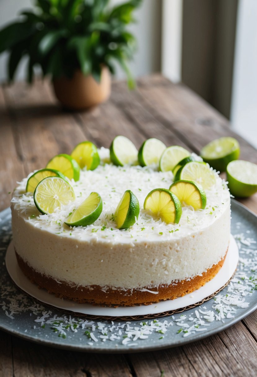 A coconut lime cake sits on a rustic wooden table, garnished with fresh lime slices and shredded coconut. A soft, natural light illuminates the dessert