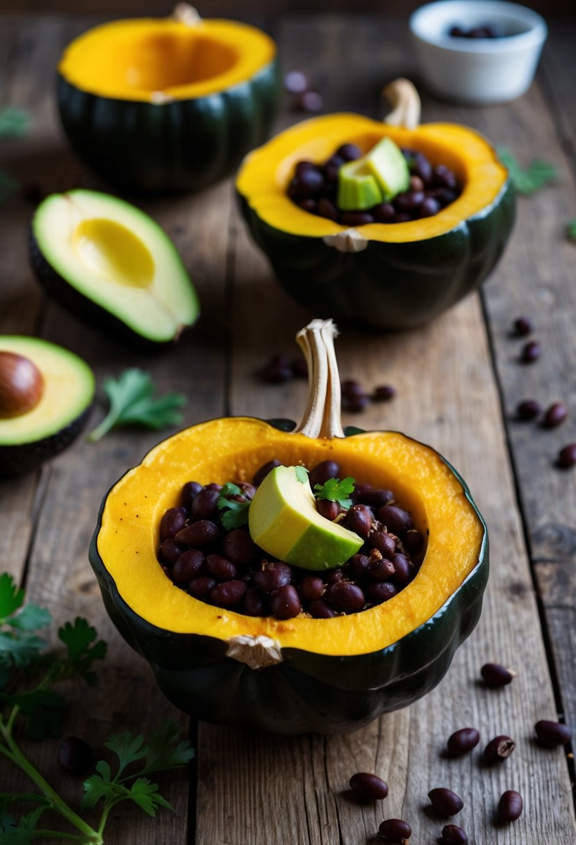 A rustic wooden table set with a halved acorn squash filled with spiced black beans and avocado, surrounded by scattered ingredients