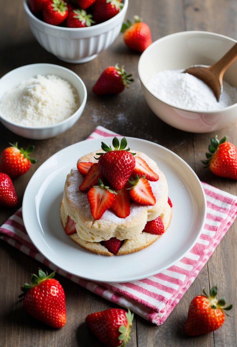 A table set with fresh strawberries, a mixing bowl, flour, and sugar. A freshly baked strawberry shortcake sits in the center