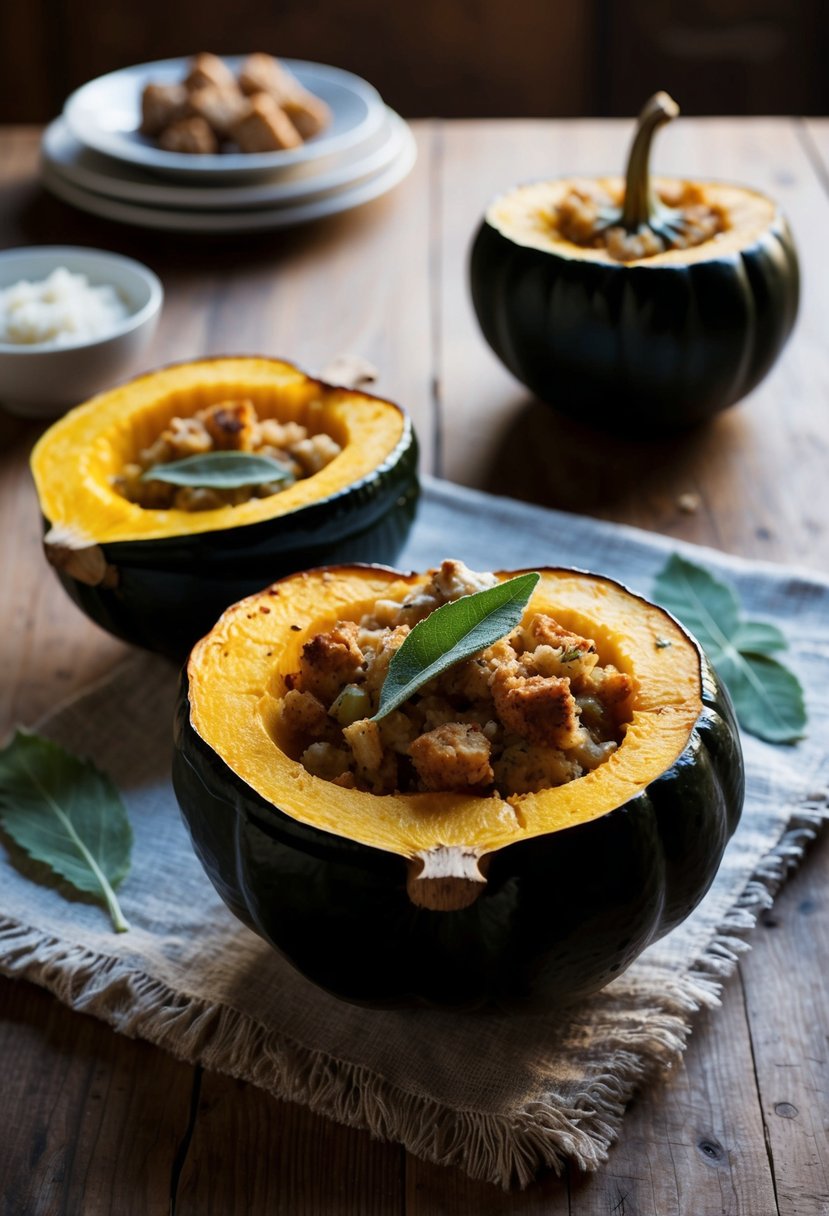 A rustic kitchen table with a roasted acorn squash cut in half, filled with traditional stuffing and sprinkled with fresh sage leaves