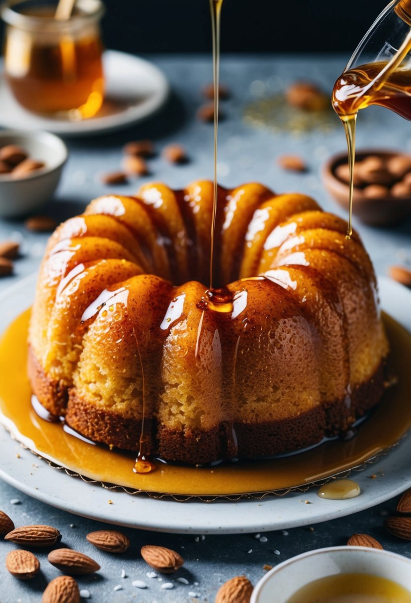 A golden almond honey cake surrounded by scattered almonds and drizzled with honey