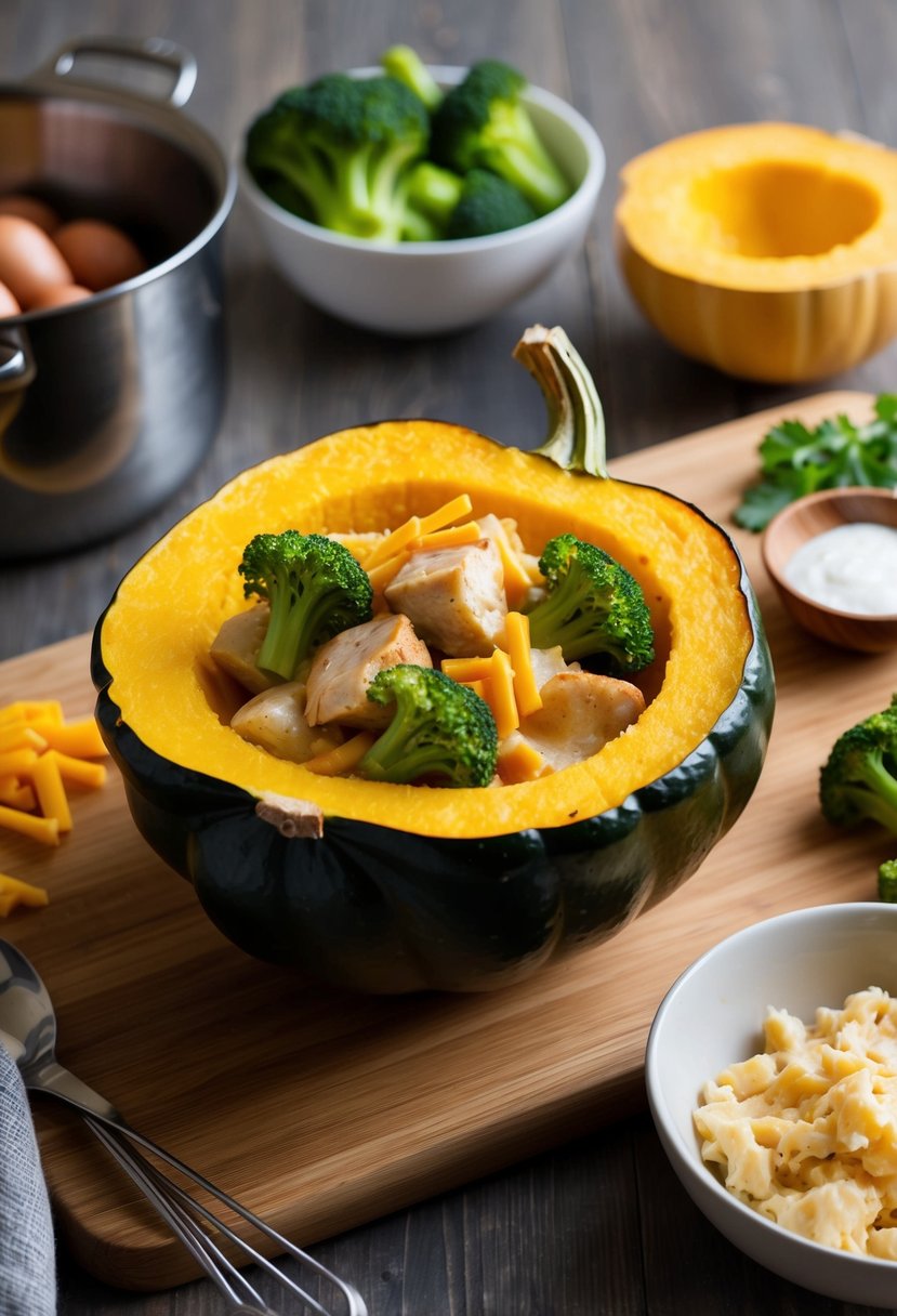 A halved acorn squash filled with savory chicken, broccoli, and cheddar, surrounded by ingredients and cooking utensils on a wooden countertop