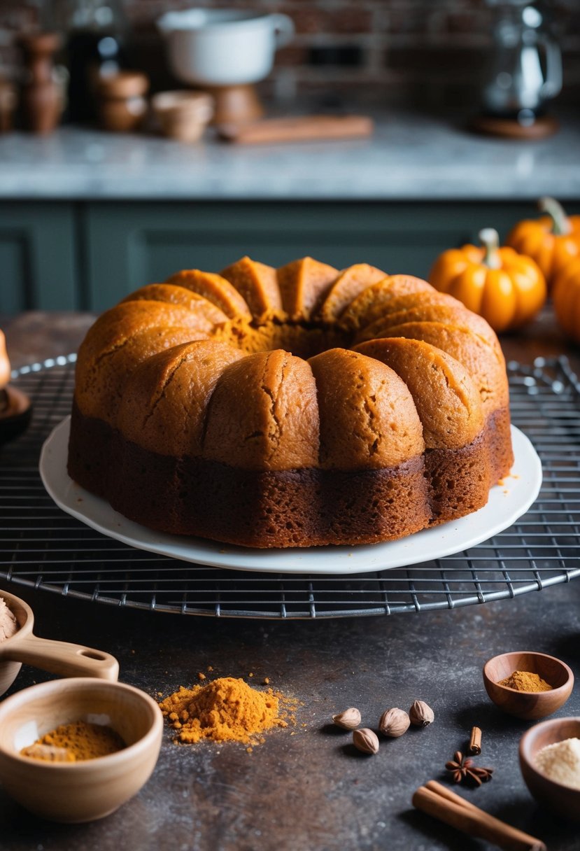 A rustic kitchen counter with a freshly baked pumpkin spice cake cooling on a wire rack, surrounded by scattered ingredients like cinnamon, nutmeg, and cloves