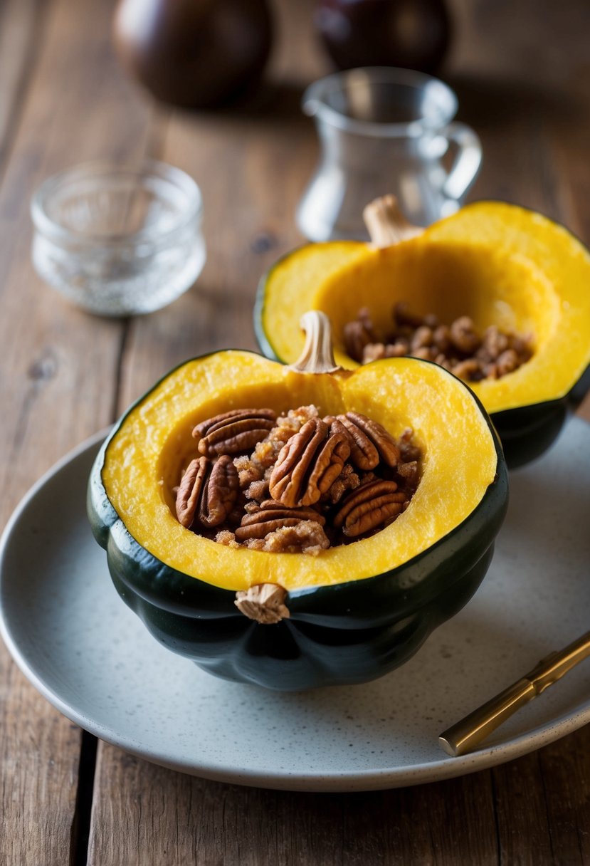 An acorn squash cut in half, filled with a mixture of maple pecan and brown sugar, ready to be cooked