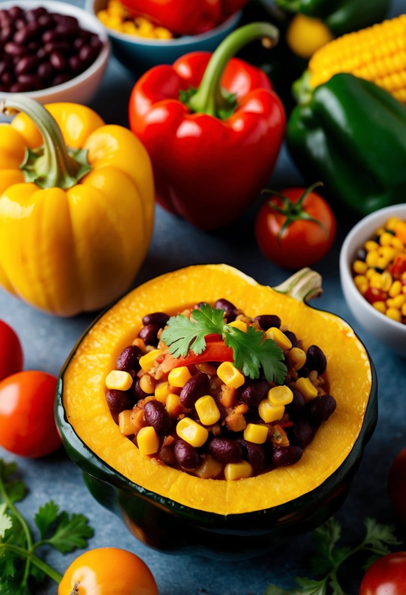 A vibrant acorn squash stuffed with southwestern beans and corn, surrounded by colorful ingredients like bell peppers, tomatoes, and spices