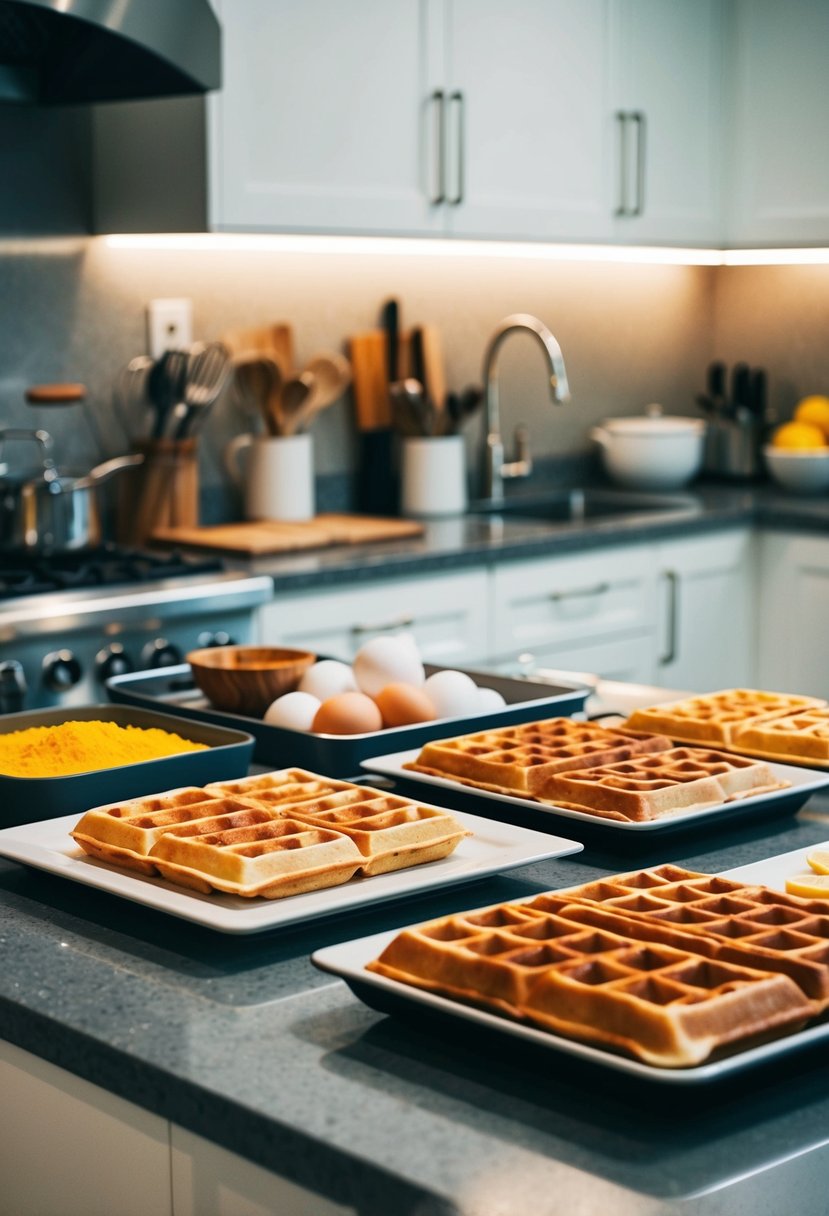 A kitchen counter with various ingredients and utensils for making waffle recipes