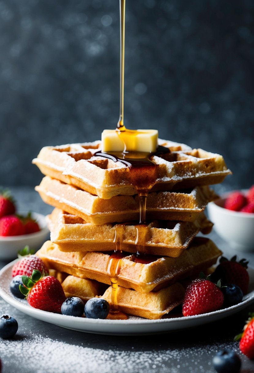 A stack of golden, crispy waffles topped with a dollop of butter and drizzled with syrup, surrounded by fresh berries and a dusting of powdered sugar