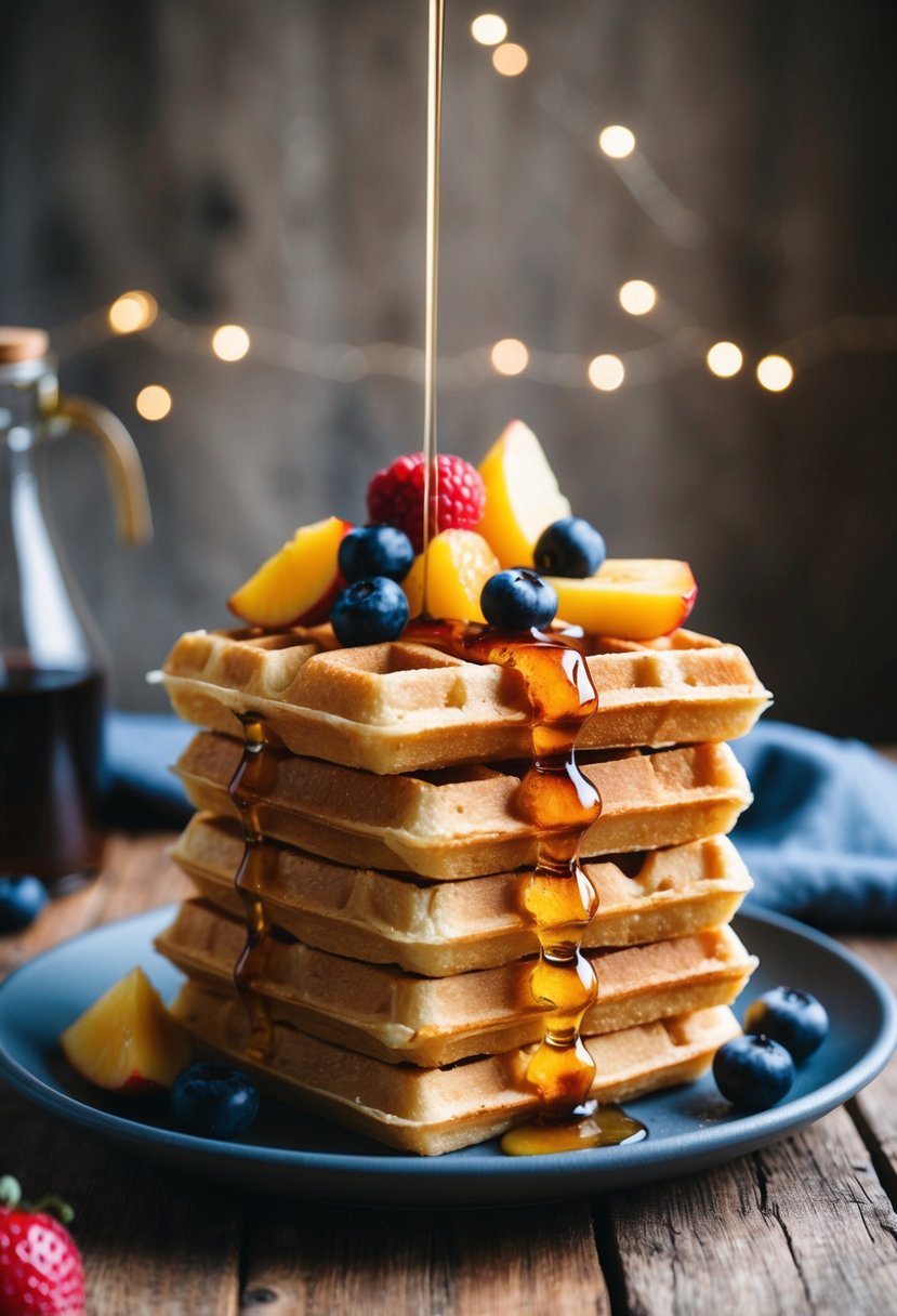 A stack of golden, crispy Brussels waffles topped with fresh fruit and drizzled with syrup on a rustic wooden table