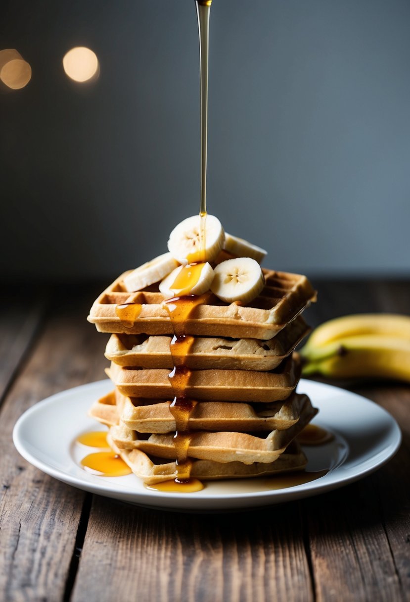 A stack of golden gluten-free banana waffles topped with sliced bananas and drizzled with maple syrup on a white plate