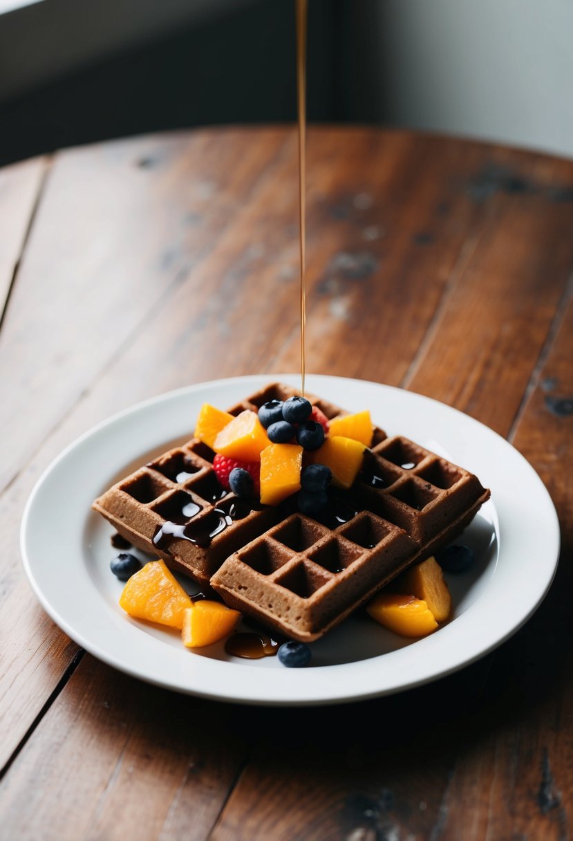 A plate of vegan chocolate chip waffles topped with syrup and fresh fruit on a wooden table