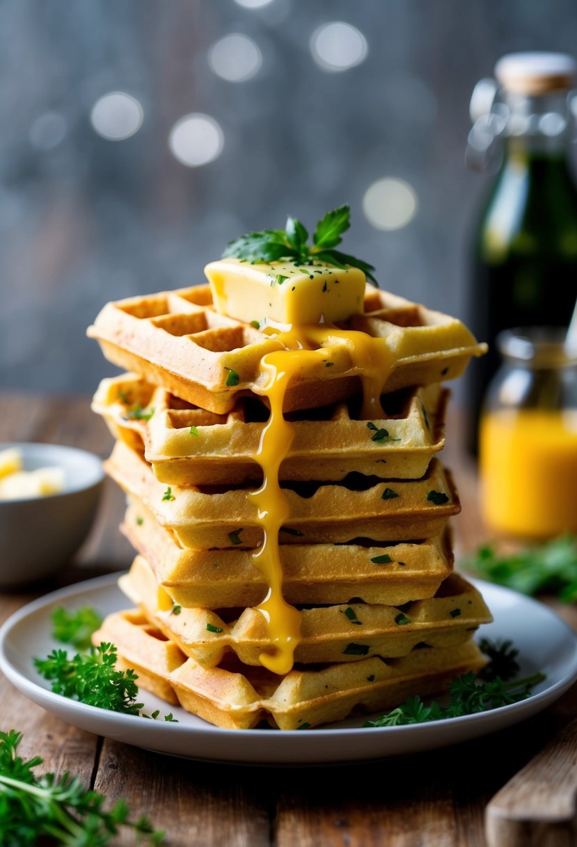 A stack of golden, savory cheddar herb waffles topped with melted butter and fresh herbs