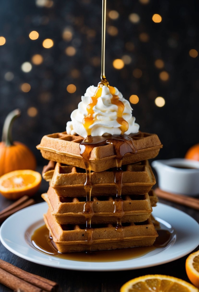 A stack of pumpkin spice waffles topped with whipped cream and drizzled with maple syrup, surrounded by cinnamon sticks and orange slices