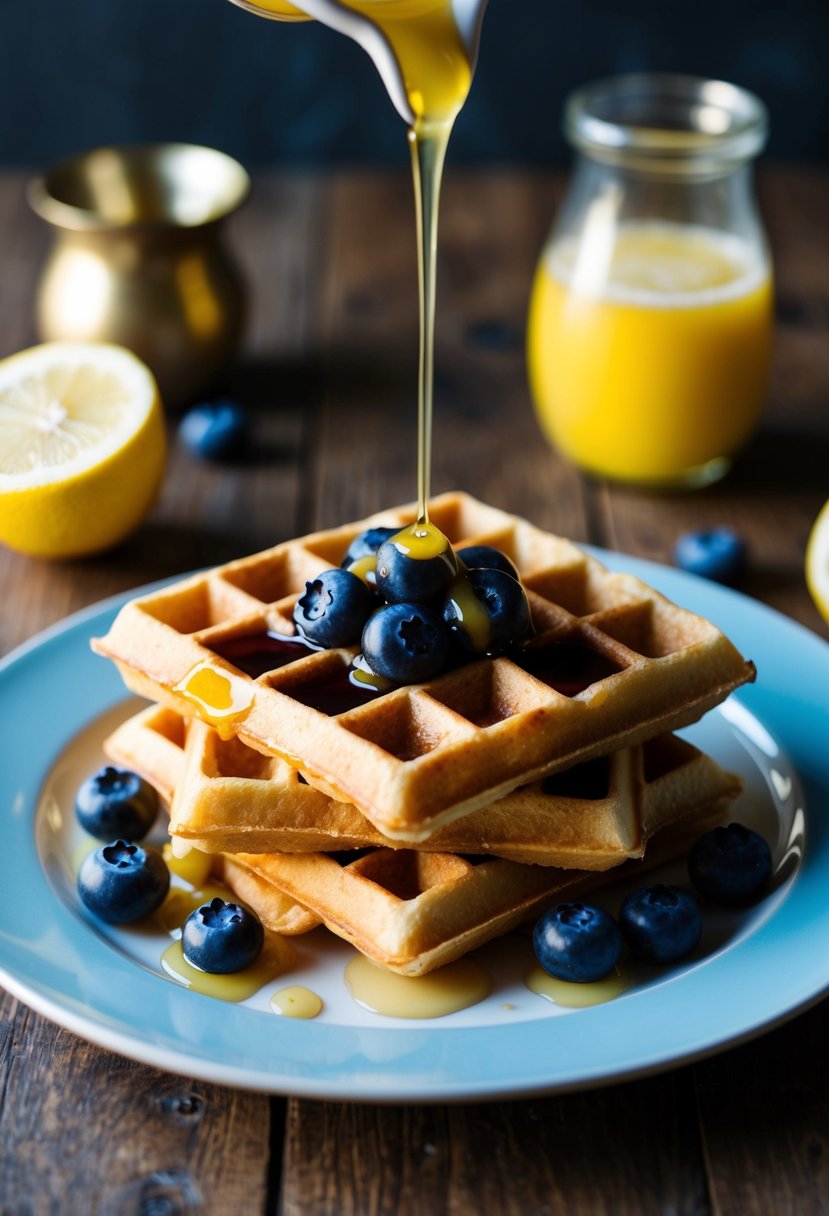 A plate of golden waffles topped with blueberries and drizzled with lemon syrup on a rustic wooden table