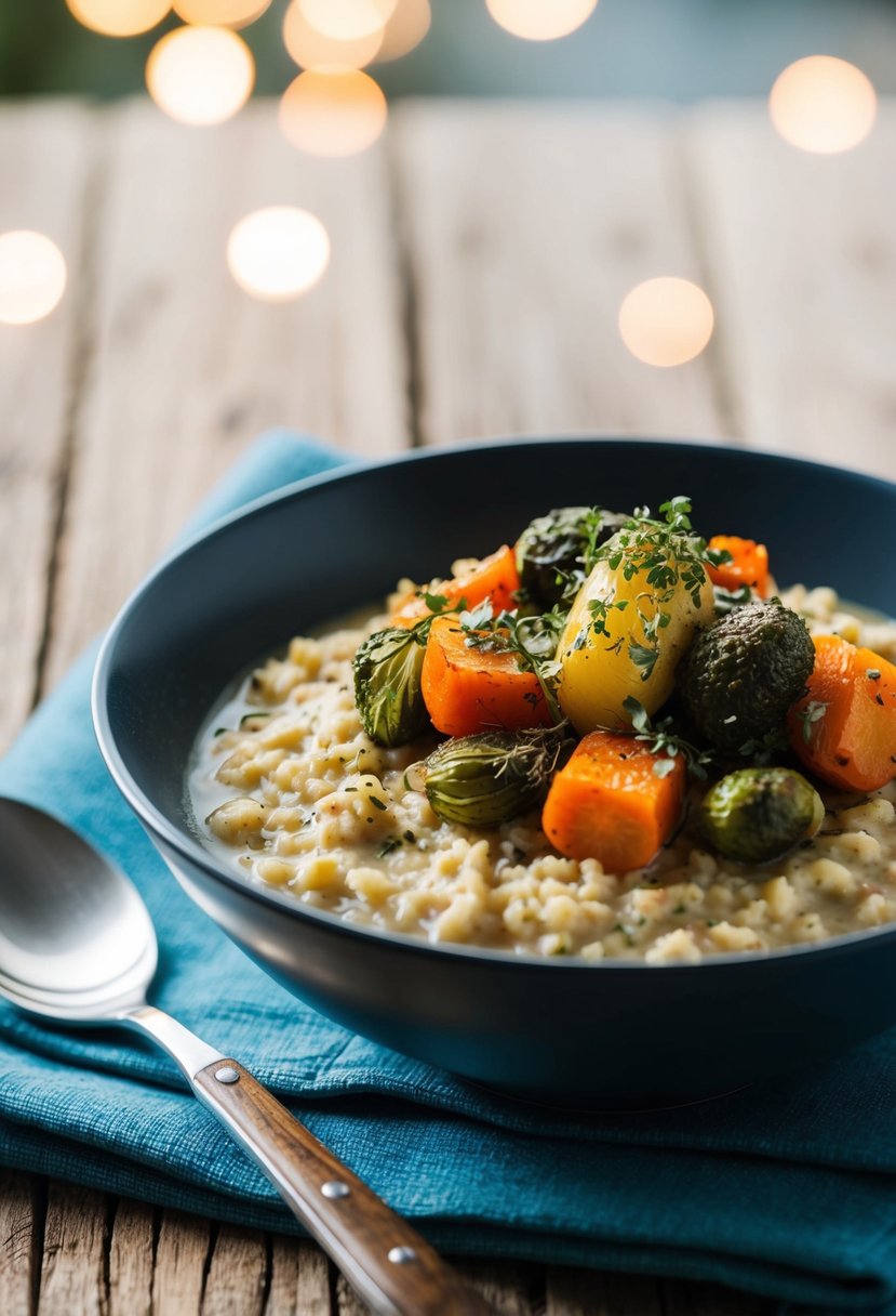 A bowl of savory oatmeal topped with roasted vegetables and a sprinkle of herbs