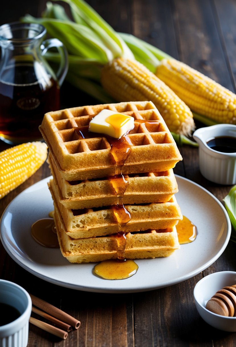 Golden cornbread waffles stacked on a plate with a dollop of butter and drizzle of honey, surrounded by fresh corn and a pitcher of syrup