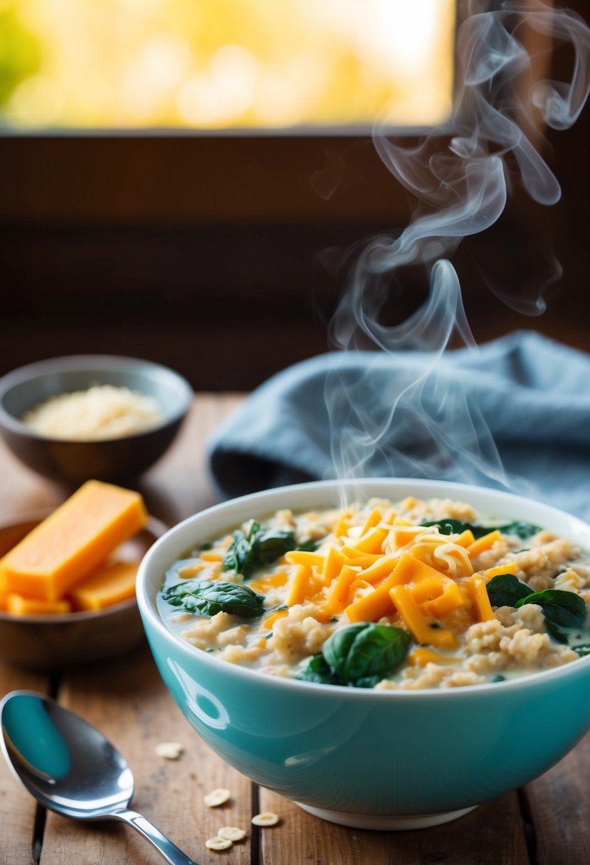 A steaming bowl of savory oatmeal with cheddar cheese, spinach, and other ingredients, sitting on a wooden table with a spoon beside it