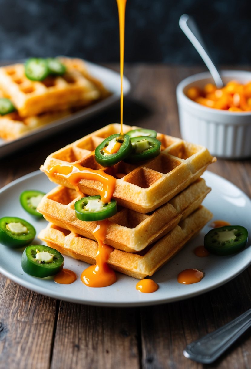 A plate of golden, crispy corn waffles topped with sliced jalapenos and drizzled with spicy sauce