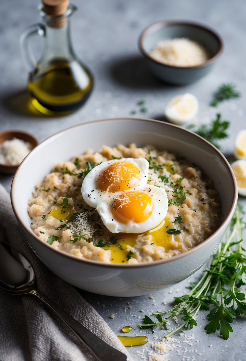 A steaming bowl of savory oatmeal topped with poached eggs and grated Parmesan, surrounded by a sprinkling of fresh herbs and a drizzle of olive oil