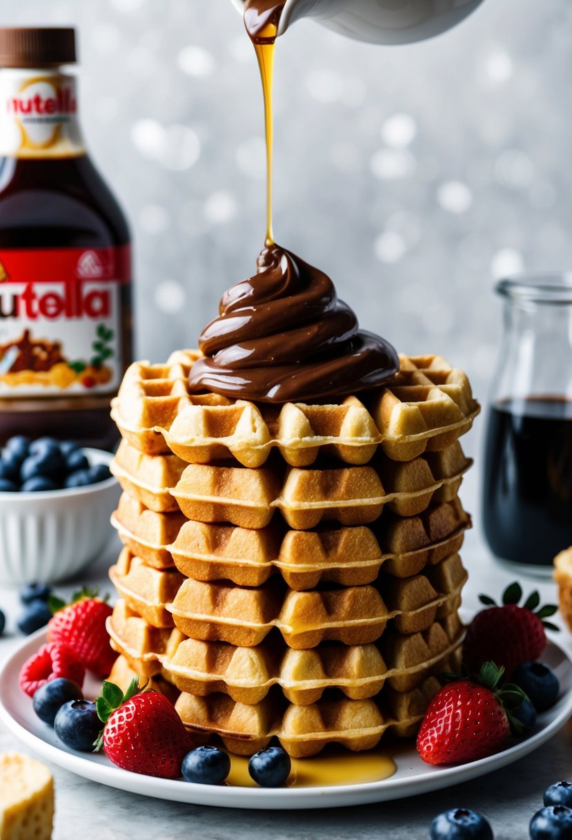 A stack of golden, crispy waffles topped with a generous swirl of Nutella, surrounded by fresh berries and a drizzle of syrup