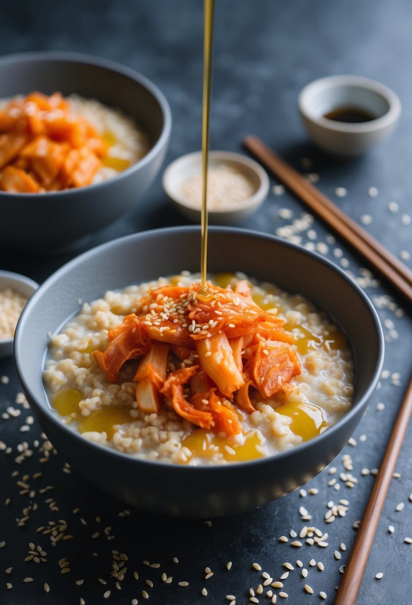 A steaming bowl of savory oatmeal topped with spicy kimchi and drizzled with sesame oil, surrounded by scattered sesame seeds and a pair of chopsticks