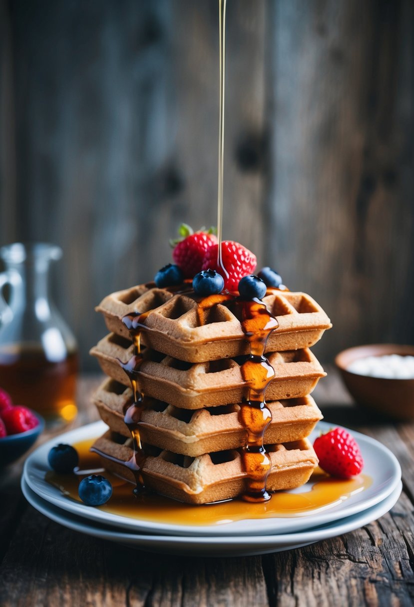 A stack of whole wheat almond waffles topped with fresh berries and drizzled with maple syrup on a rustic wooden table