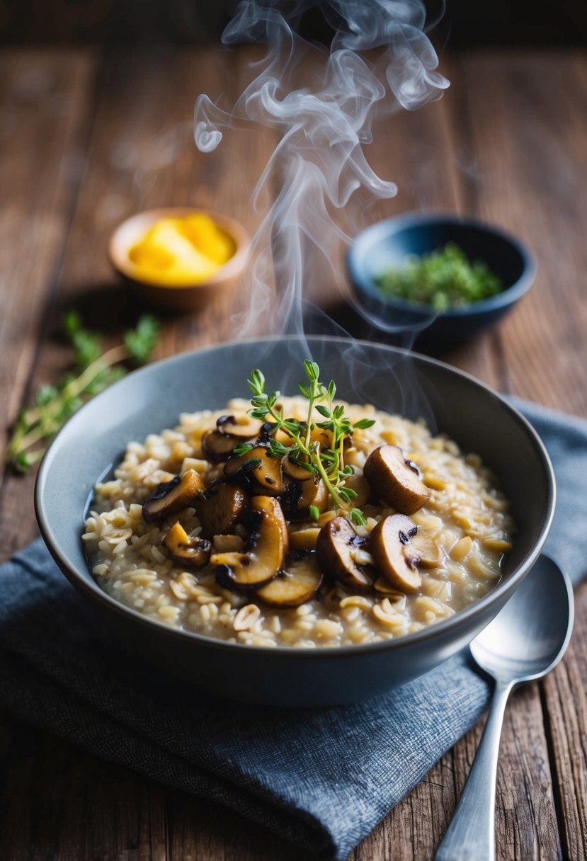 A steaming bowl of savory oats topped with sautéed mushrooms and fresh thyme on a rustic wooden table