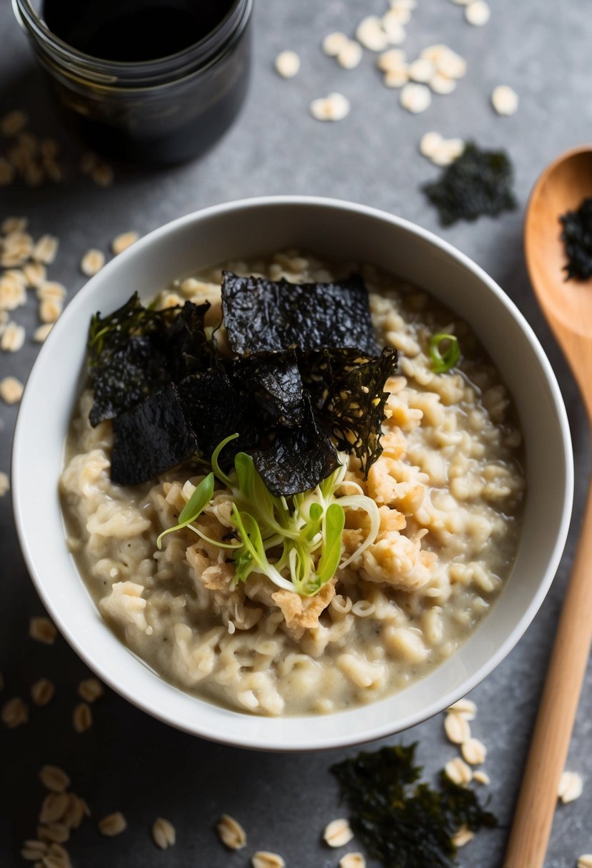 A bowl of oatmeal topped with miso and seaweed, surrounded by scattered ingredients and a wooden spoon