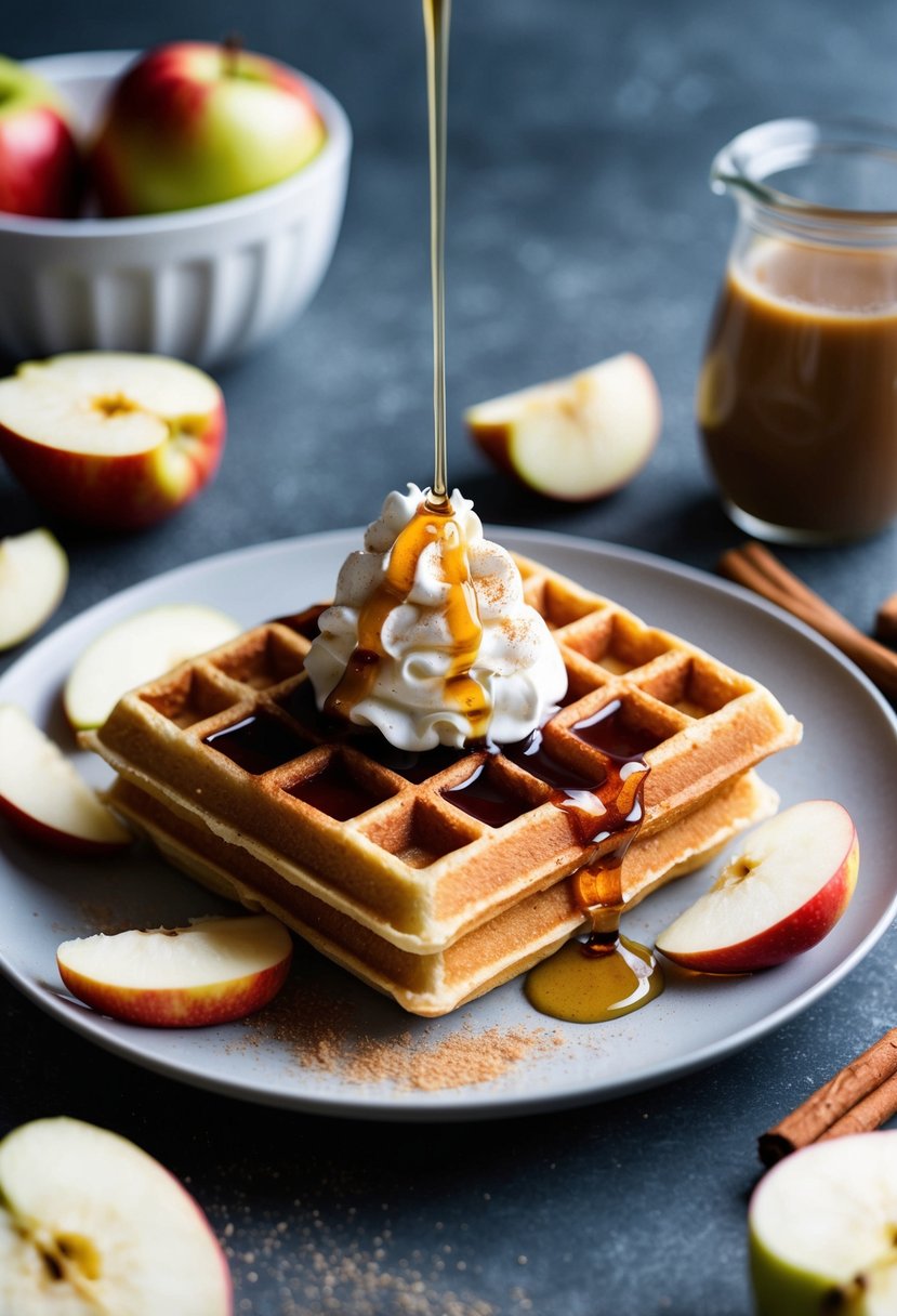 A plate of apple cinnamon waffles topped with syrup and a dollop of whipped cream, surrounded by fresh apple slices and a sprinkle of cinnamon