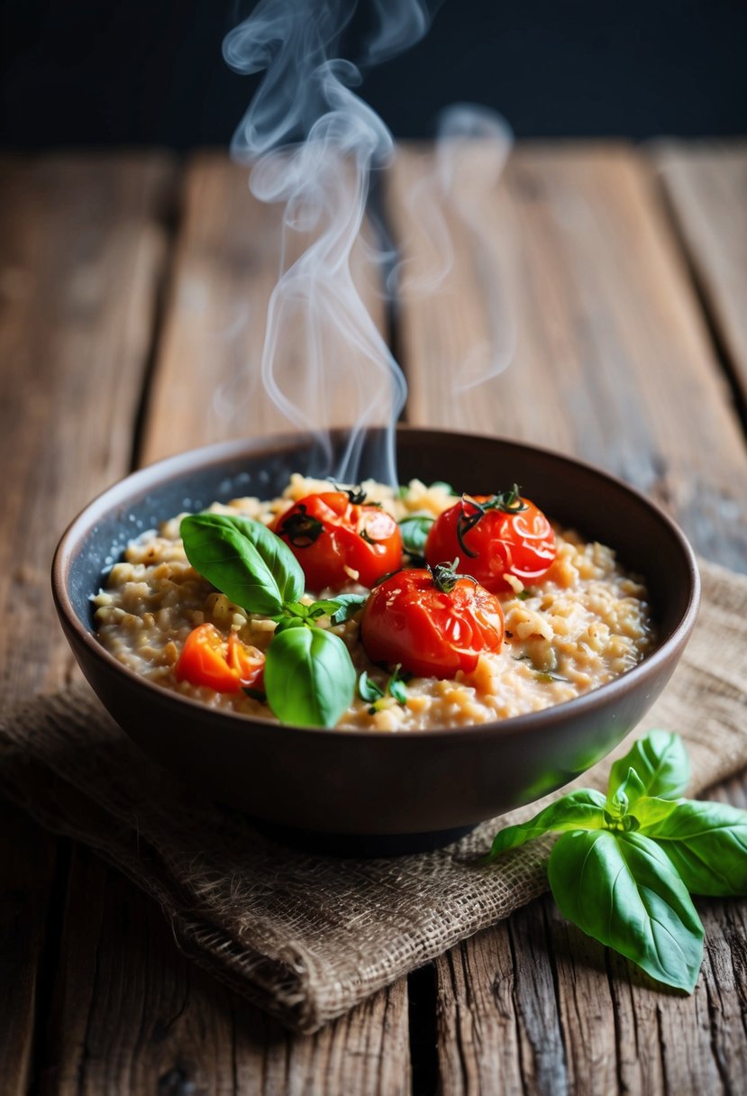 A rustic bowl of savory oatmeal with roasted tomatoes and fresh basil sits on a wooden table, steam rising from the hearty dish