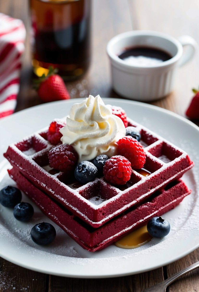 A plate of red velvet dessert waffles topped with whipped cream and fresh berries, served with a side of maple syrup and a dusting of powdered sugar