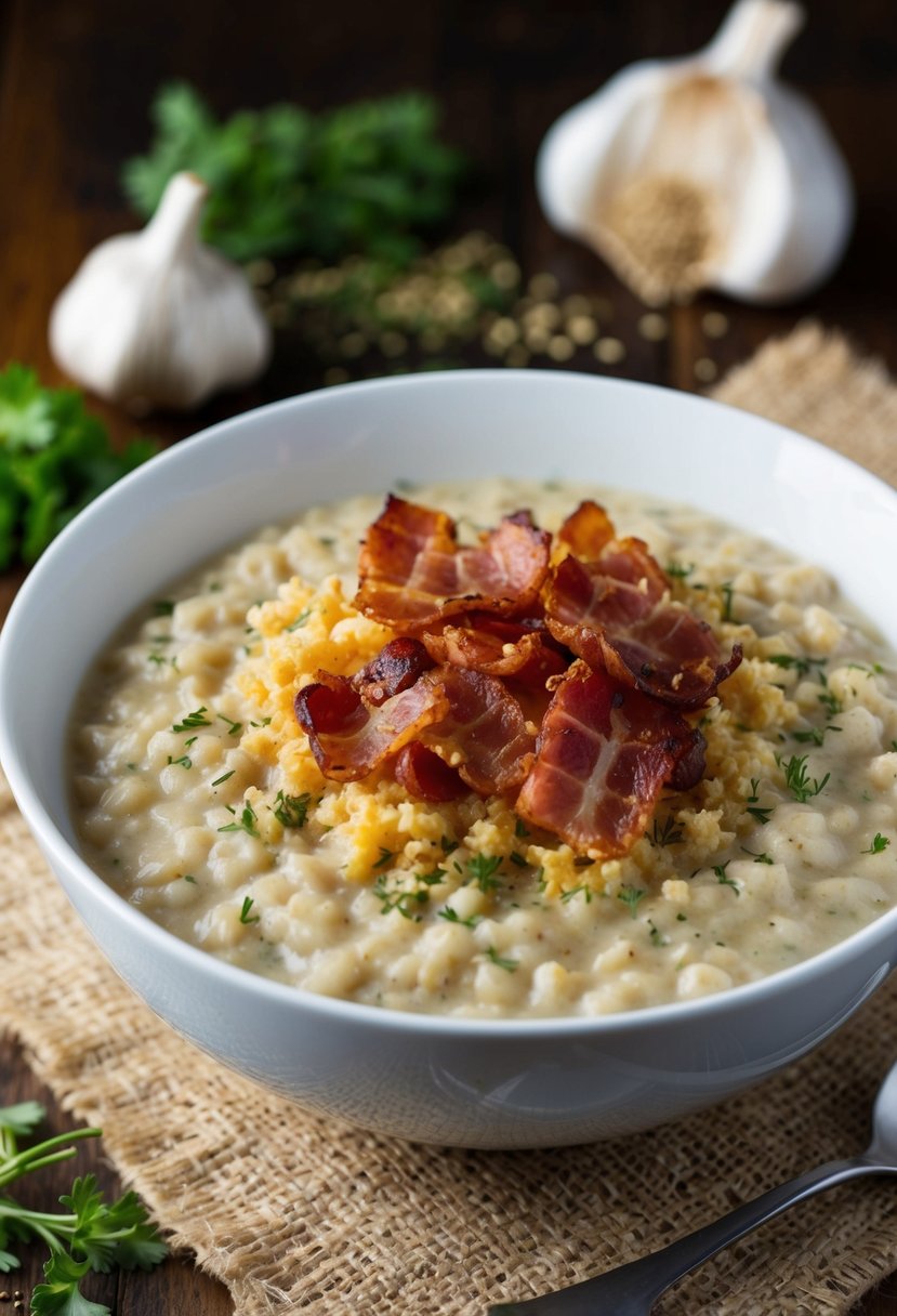 A steaming bowl of savory oatmeal topped with crispy bacon and minced garlic, surrounded by a scattering of fresh herbs and spices