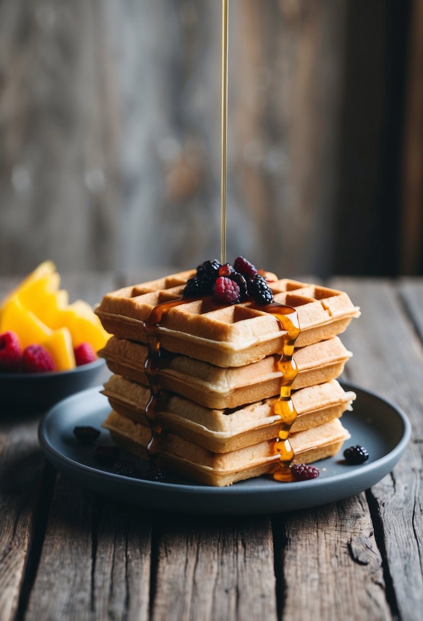 A stack of oatmeal raisin waffles topped with syrup and a sprinkle of raisins, served on a rustic wooden table with a side of fresh fruit