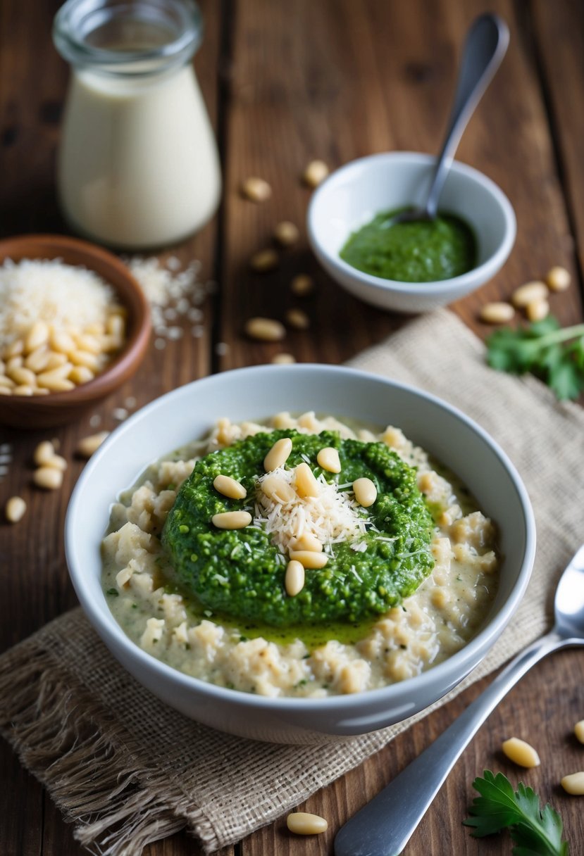 A rustic wooden table set with a bowl of savory oatmeal topped with pesto, Parmesan cheese, and pine nuts, surrounded by scattered ingredients