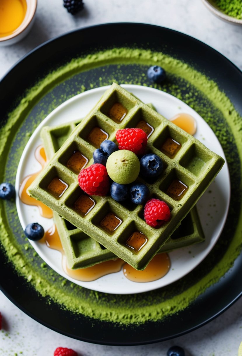 A plate of matcha green tea waffles topped with fresh berries and a drizzle of honey, surrounded by a scattering of loose matcha powder