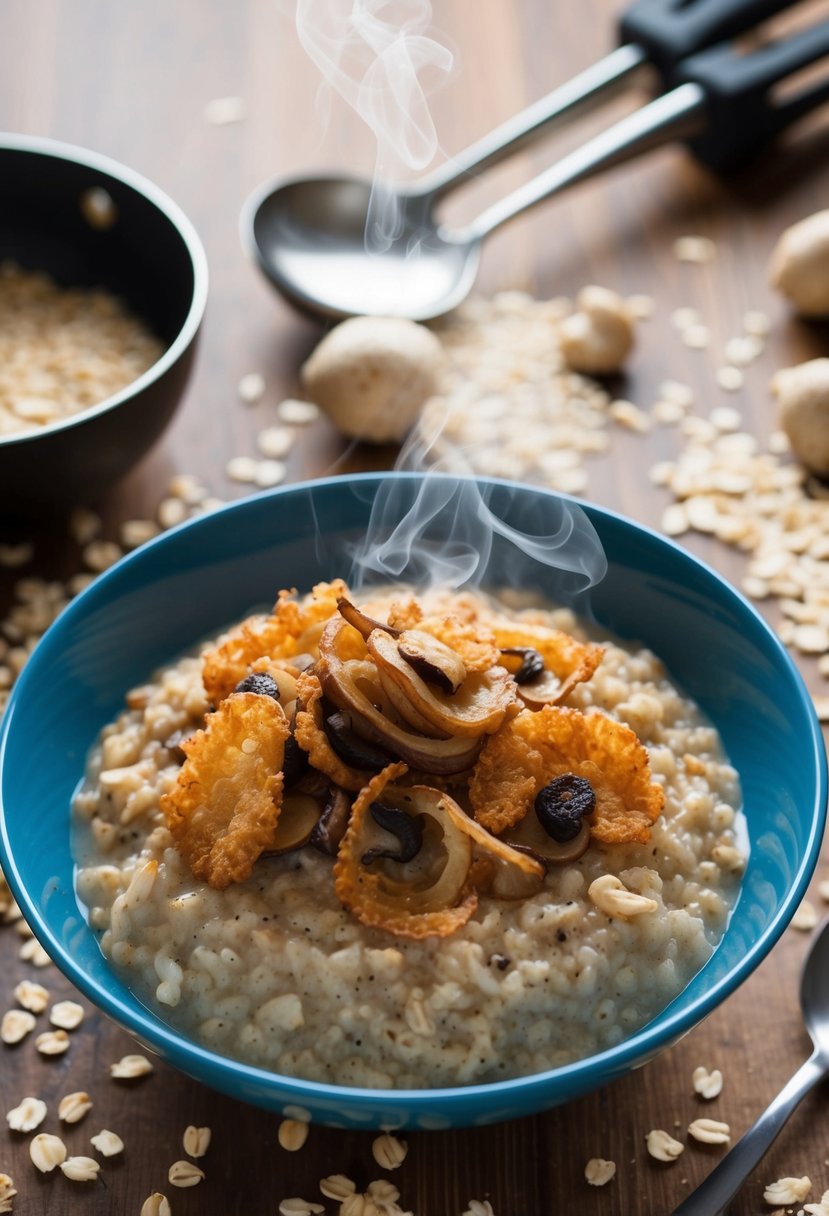 A steaming bowl of savory oatmeal topped with crispy fried onions and mushrooms, surrounded by scattered oats and cooking utensils