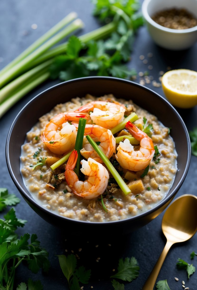 A bowl of savory oatmeal topped with sautéed shrimp and lemongrass, surrounded by fresh herbs and spices