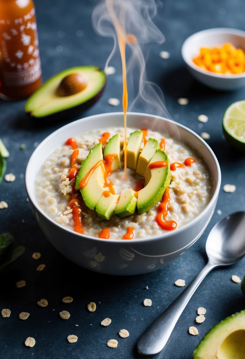 A steaming bowl of oatmeal topped with sliced avocado and drizzled with Sriracha sauce, surrounded by scattered ingredients