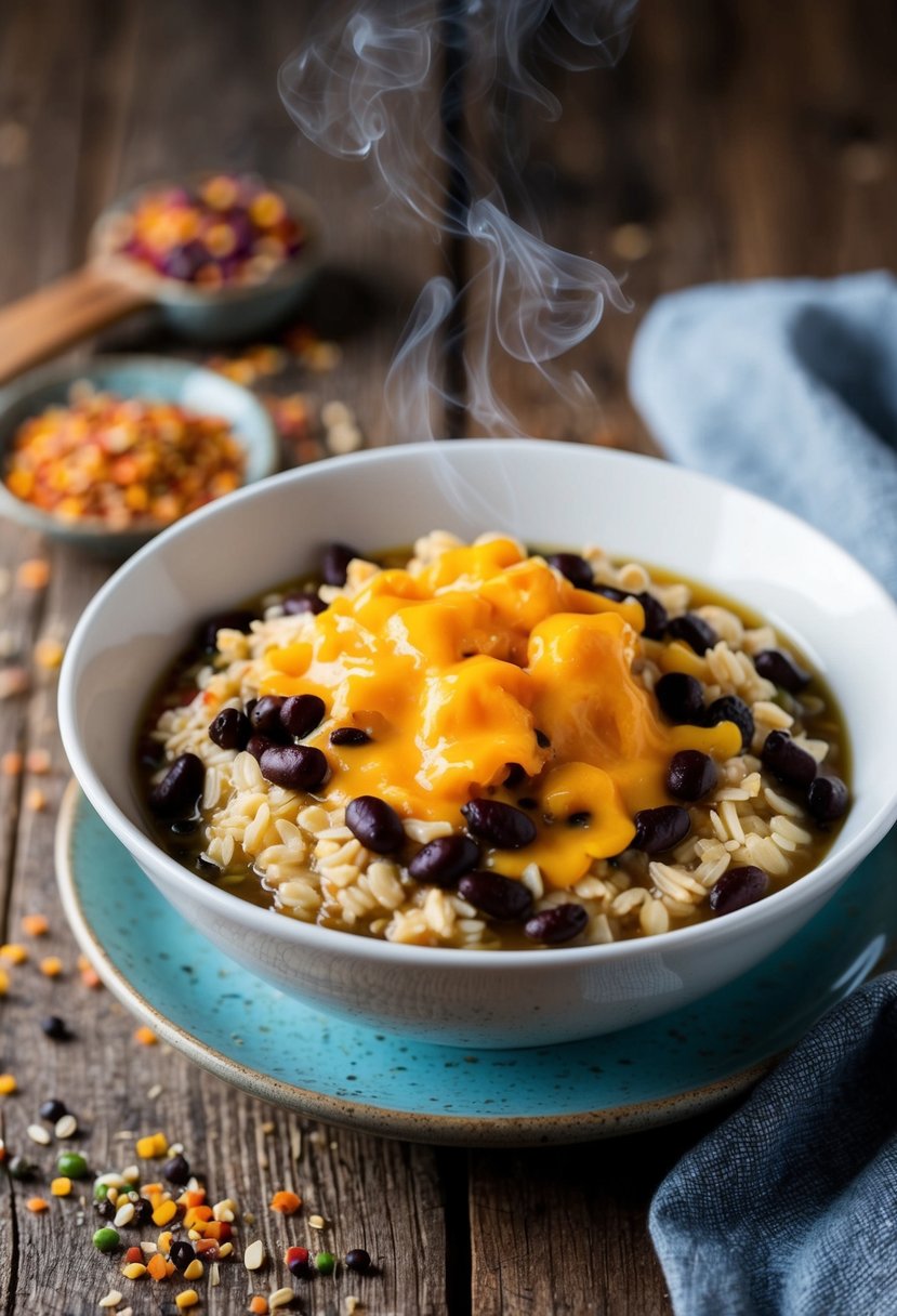 A steaming bowl of savory oats topped with black beans and melted cheddar, surrounded by a rustic wooden table and a scattering of colorful spices