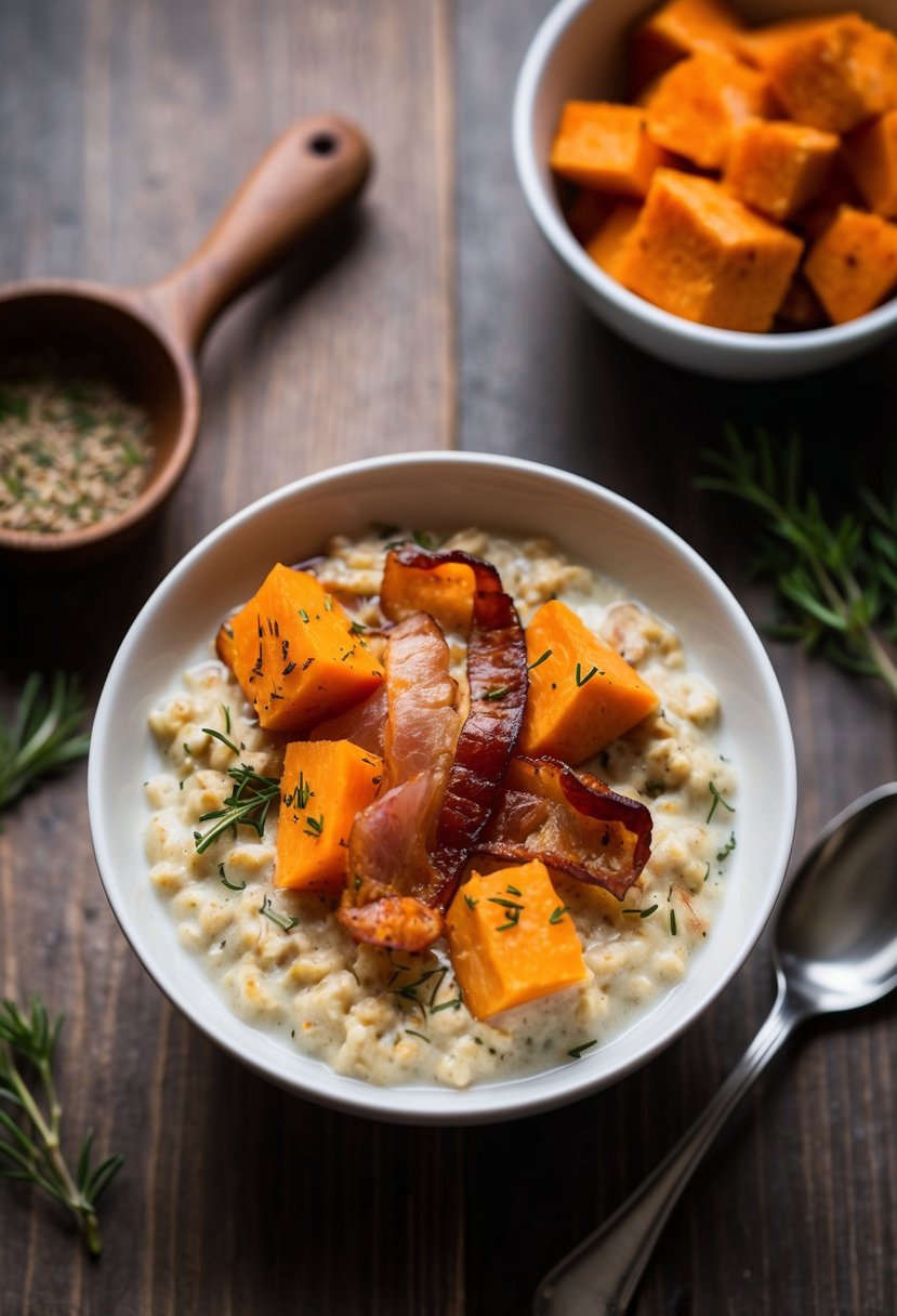 A bowl of savory oatmeal with sweet potato chunks and crispy turkey bacon, garnished with herbs and spices