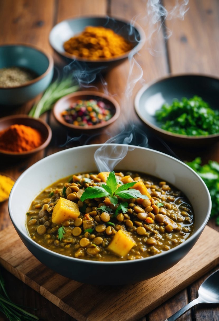 A steaming bowl of savory curry and lentil oatmeal sits on a wooden table, surrounded by colorful spices and herbs