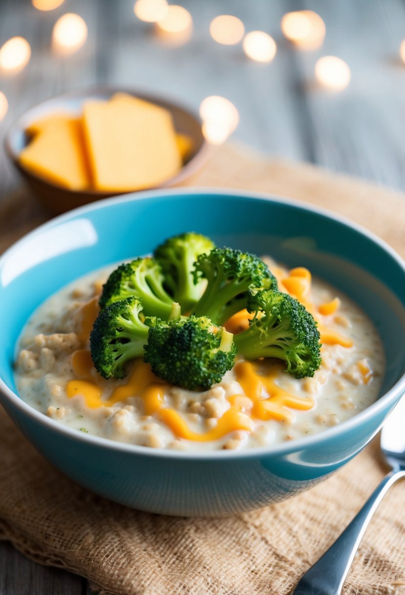 A bowl of creamy oatmeal topped with steamed broccoli florets and melted cheddar cheese