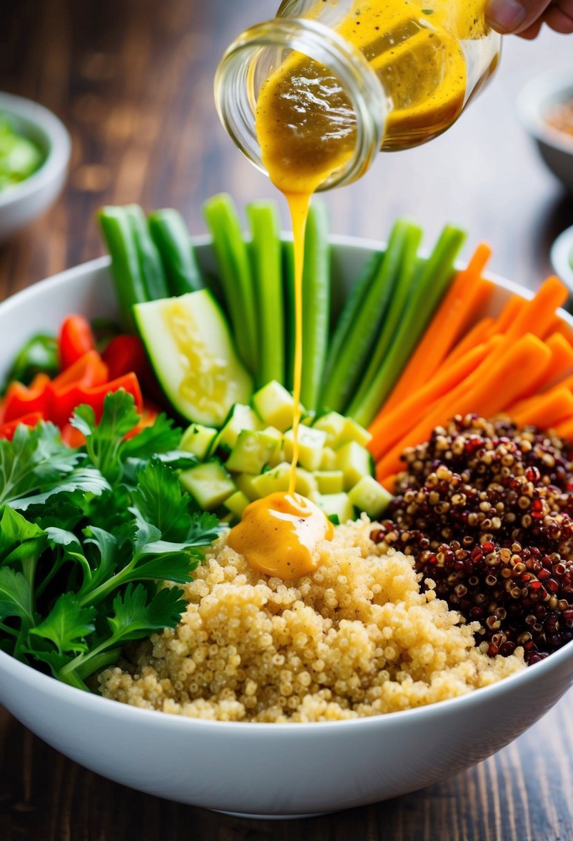 A colorful array of fresh vegetables and cooked quinoa arranged in a bowl, with a drizzle of dressing on top