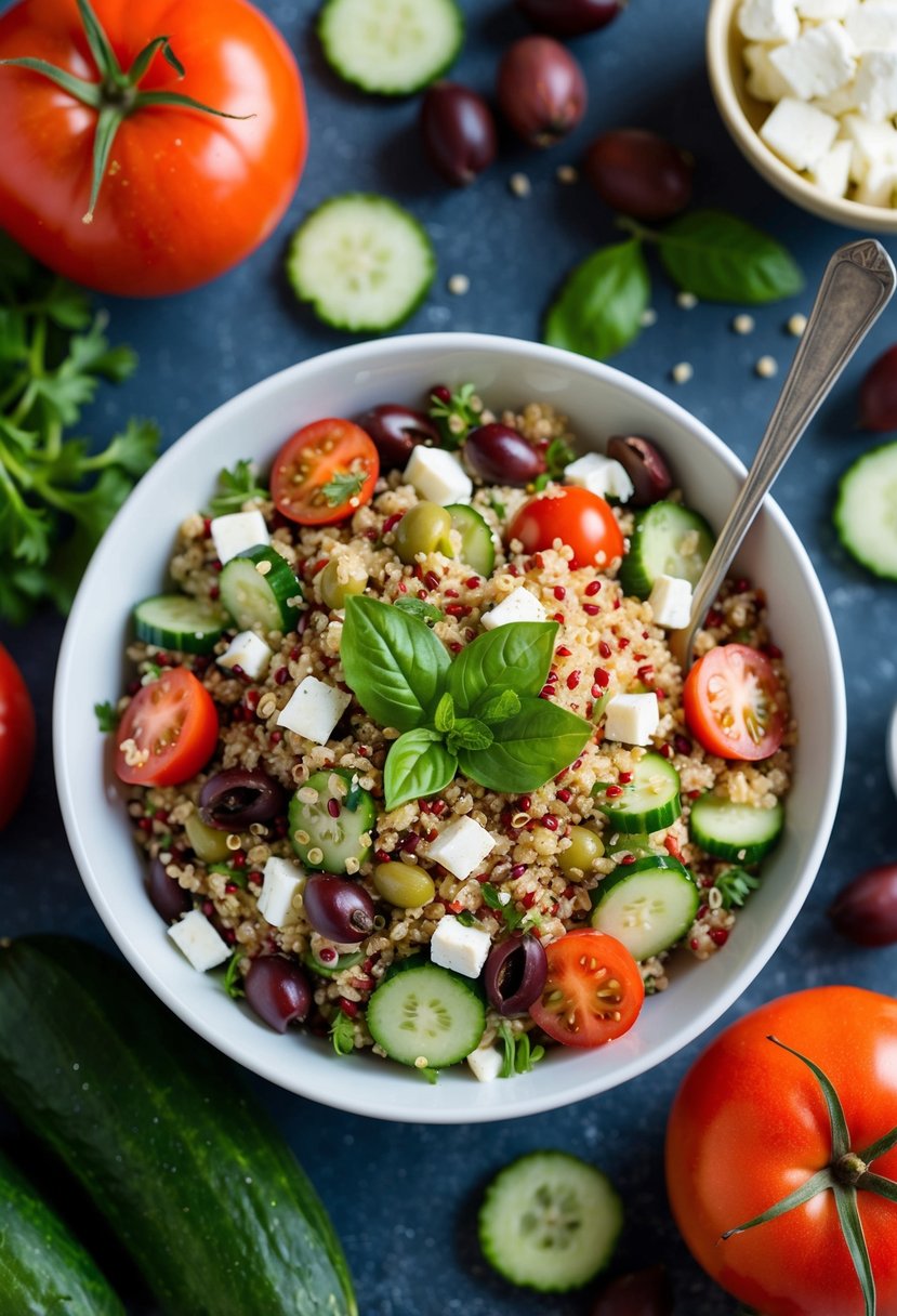 A colorful bowl of Mediterranean Quinoa Salad surrounded by fresh ingredients like tomatoes, cucumbers, olives, and feta cheese