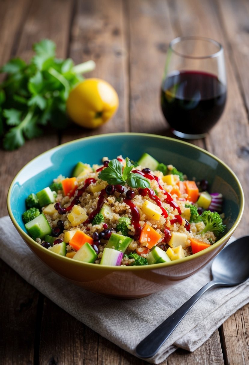 A colorful bowl of Greek Quinoa Salad with fresh vegetables and a drizzle of red wine vinaigrette, set on a rustic wooden table