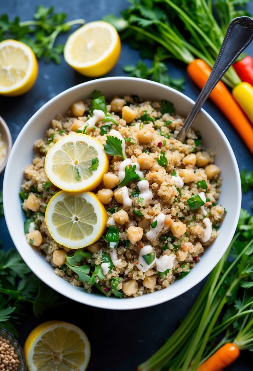 A vibrant bowl of quinoa salad with chickpeas, lemon slices, and tahini dressing, surrounded by fresh herbs and colorful vegetables