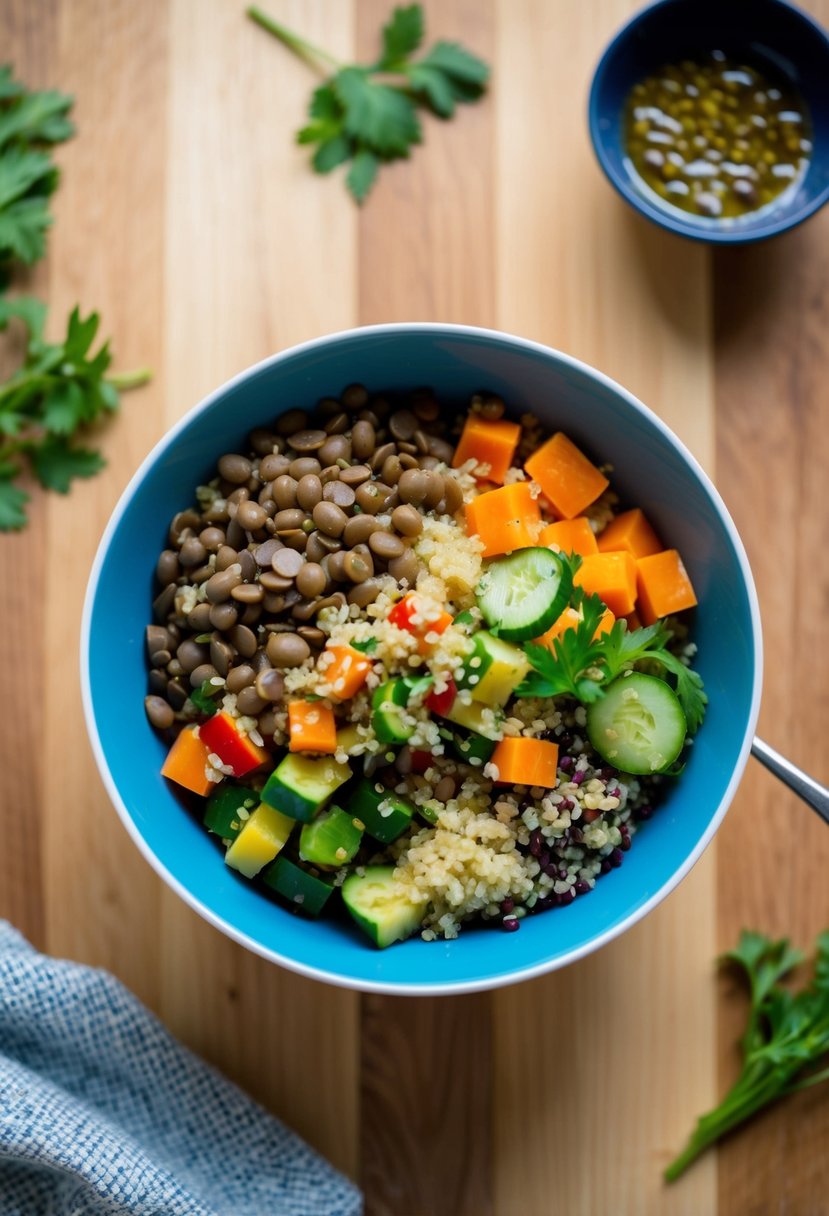 A colorful bowl filled with lentils, quinoa, and assorted vegetables, topped with a light vinaigrette