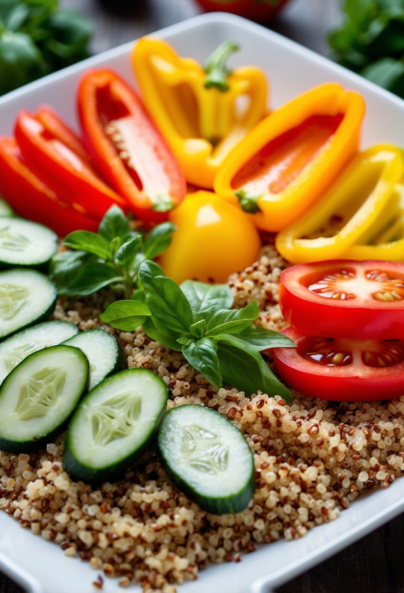 A colorful array of sliced cucumber, tomato, and bell pepper arranged on a bed of quinoa, with a sprinkle of fresh herbs