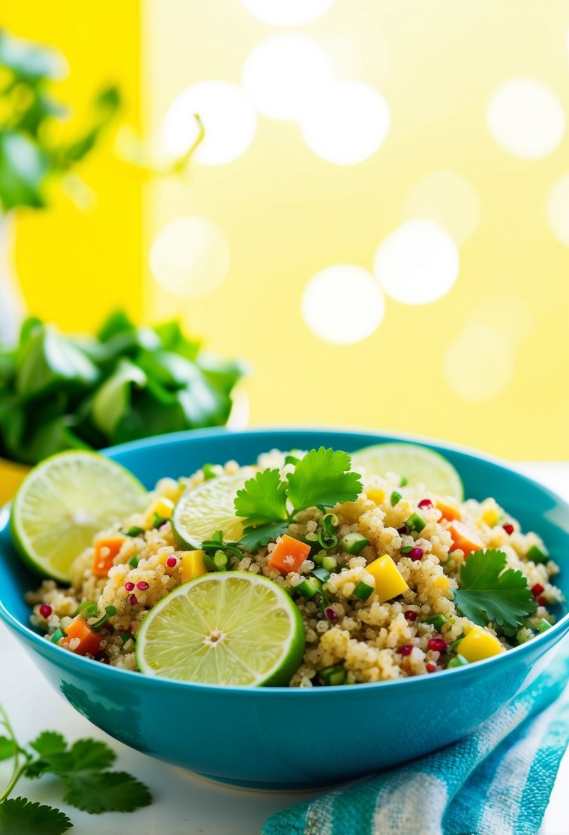 A vibrant bowl of quinoa salad with fresh lime slices, cilantro leaves, and colorful vegetables, set against a bright and inviting backdrop