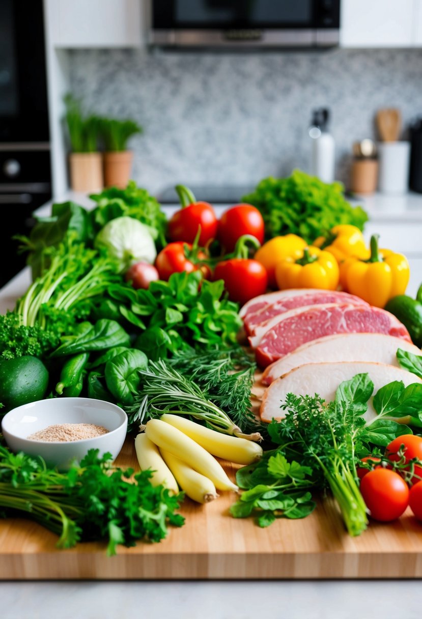 A colorful array of fresh vegetables, herbs, and lean proteins arranged on a clean, modern kitchen counter